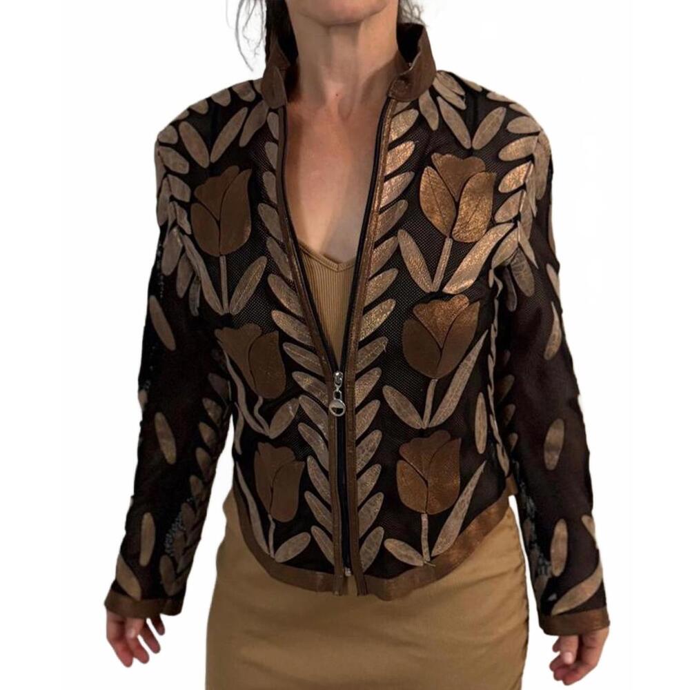 Sheer Mesh Jacket with Metallic Brown Floral Leather Lambskin Appliqué L Large